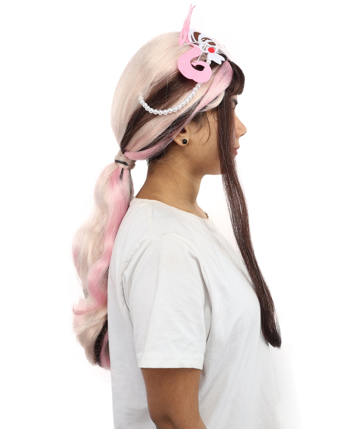 HPO Princess Style Fantasy Ponytail Wig with Feather Crown – Long 23 Inch Dual-Tone Brown & Pink Waves | Ideal for Cosplay, Parties & Halloween