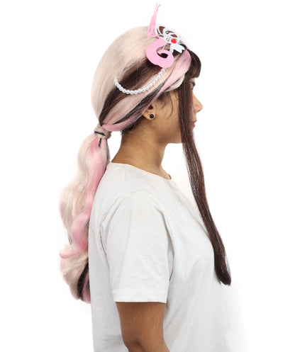 HPO Princess Style Fantasy Ponytail Wig with Feather Crown – Long 23 Inch Dual-Tone Brown & Pink Waves | Ideal for Cosplay, Parties & Halloween