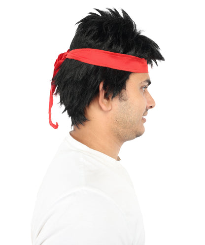 HPO Black Spiky Wig with Red Headband | Short Cosplay Hair for Men | Synthetic Fiber | Anime Outfit for Halloween, Events & Roleplay