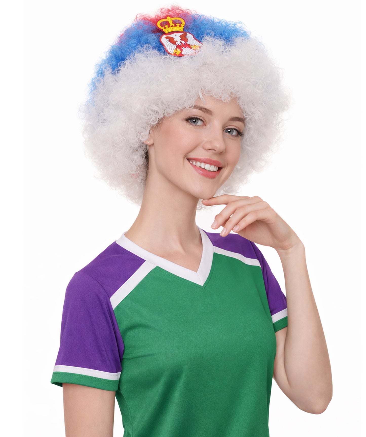 Serbia Flag Sport Afro Wig | Jumbo Super Size White Blue Red Wig