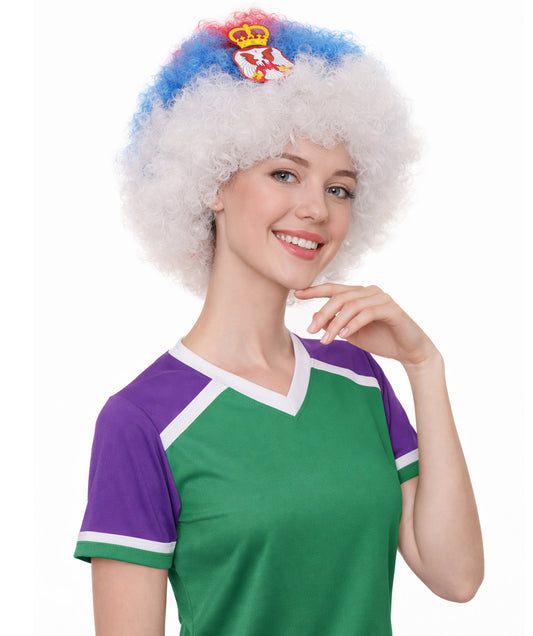 Serbia Flag Sport Afro Wig | Jumbo Super Size White Blue Red Wig