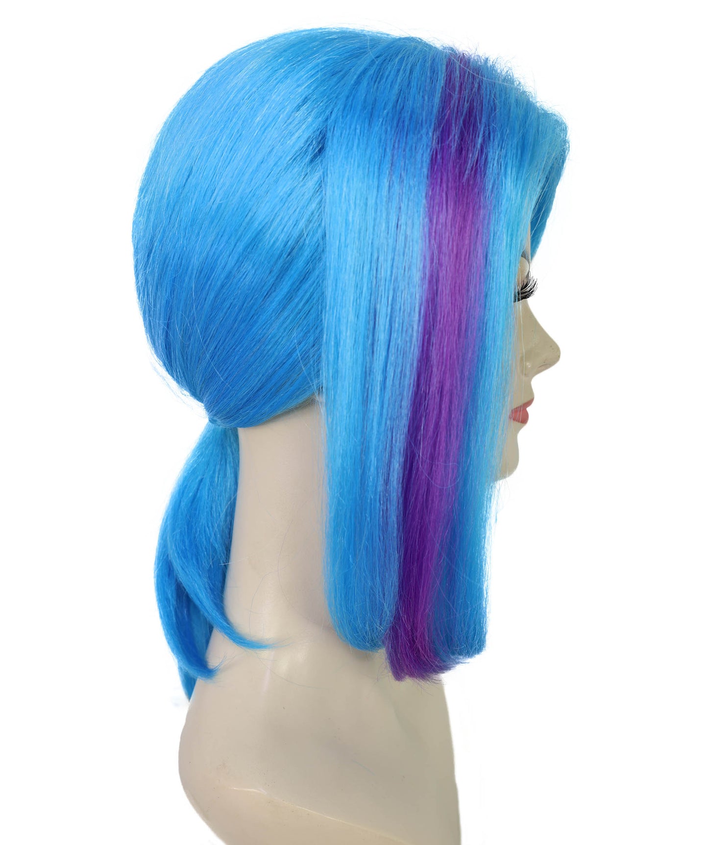 HPO Women’s Medium Ponytail Style Blue Wig with Purple Streaks | Halloween and Wig | Flame-retardant Synthetic Fiber