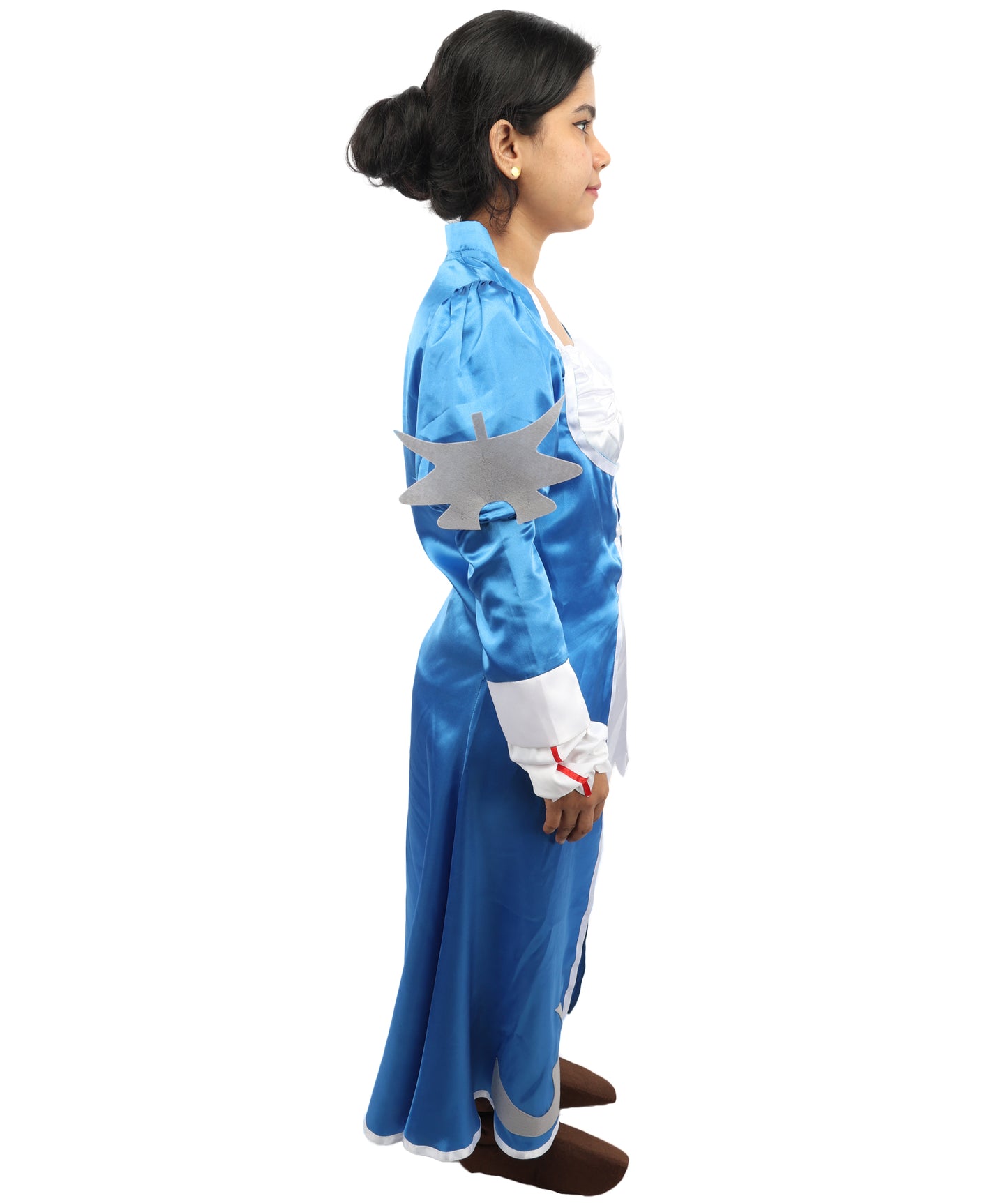 HPO Women's Anime Sorceress Roleplay Suit | Flowing white and blue satin jersey construction featuring a long dress, hand gloves, and leg socks | Ideal for party, Halloween, cosplay, theater, drag, performance, costume events