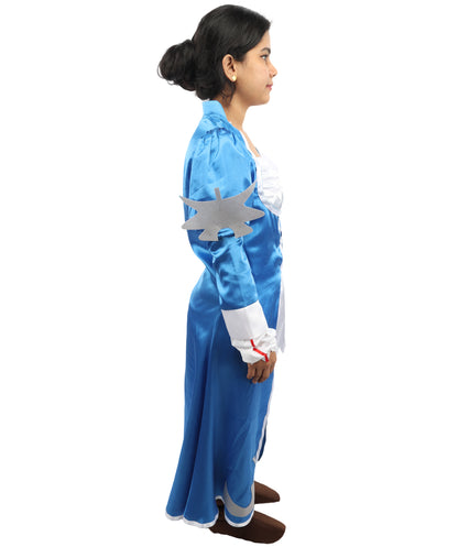 HPO Women's Anime Sorceress Roleplay Suit | Flowing white and blue satin jersey construction featuring a long dress, hand gloves, and leg socks | Ideal for party, Halloween, cosplay, theater, drag, performance, costume events