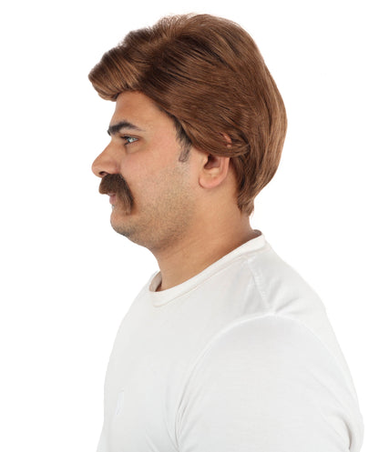 HPO Men’s Chestnut Brown Blend Wig with Mustache Set | Retro Gentleman Hair Style | Cosplay Outfit for Costume Parties, Stage Performances & Themed Events