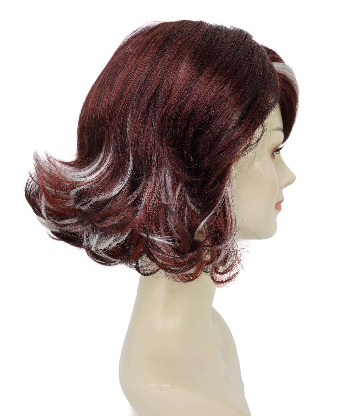 HPO Adult Women’s 90’s Inspired Burgundy & Mocha Short Layered Wig with Chic Highlights | Retro Glam Hairpiece | Ideal for Halloween | Breathable Capless Cap