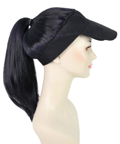HPO Adult Women’s 16-Inch Synthetic Kinky Straight Ponytail Wig with Hat | Natural Black Fluffy Hair with Adjustable Straps | Ideal for Halloween | Breathable Capless Cap