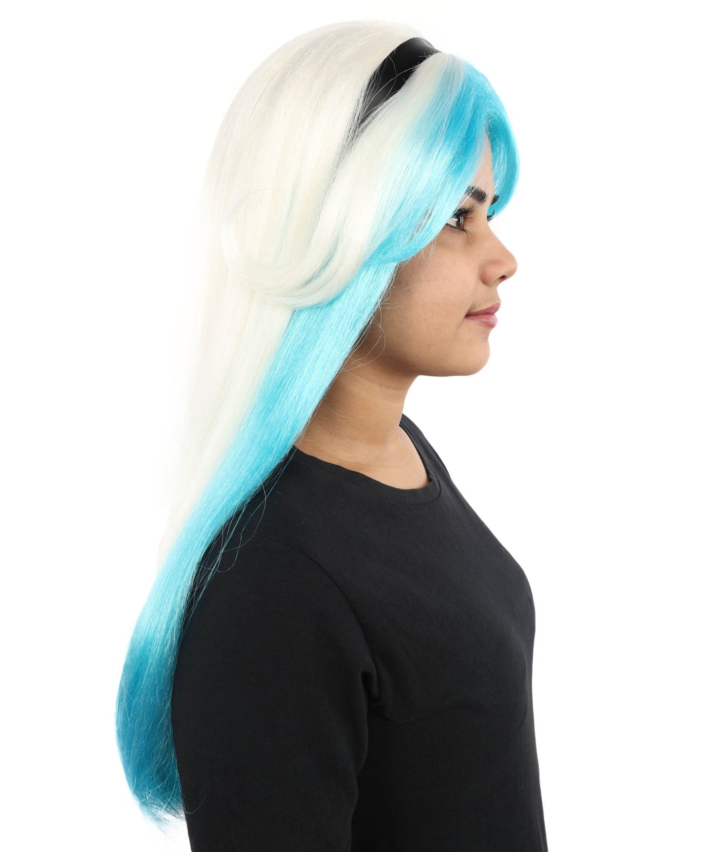 HPO Women's Long Two-Tone Blue and White Fairytale Wig | Twisted Waves with Ribbon Headband | Lightweight Synthetic Wig for Cosplay, Stage & Costume Parties
