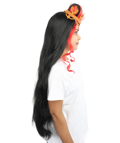 HPO Women’s Black and Red Extra Long Wig – Wavy Cosplay Wig with Braided Crown and Extra Length | Fancy Dress Costume Hairpiece with Adjustable Cap for Parties