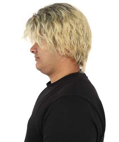 HPO Men's Messy Wavy Shag Black & Grey Wig | Two-tone rooted hue, create of synthetic fiber, relaxed tousled volume, breathable base | Party, Halloween, theater, drag, performance, costume events