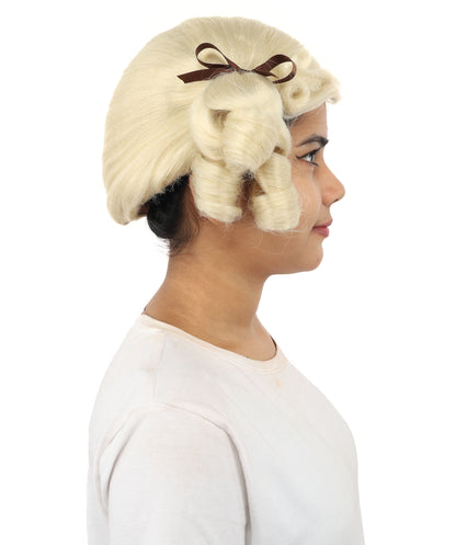 HPO Women's Golden White Mixed Curly Pigtail Wig | Messy Ringlet Twin Tails with Attached Fabric Ribbons, Synthetic Fiber & Breathable Cap | Halloween, Movie Character Roleplay, Costume Party & Theater