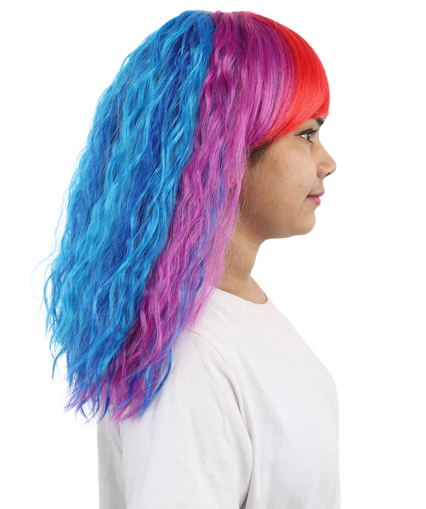 HPO Women’s 17 Inch Curly Rainbow Wig with Side Bangs—Colorful Long Hairpiece with breathable Capless Cap | Ideal for Halloween, Cosplay, Pride and Drag Shows
