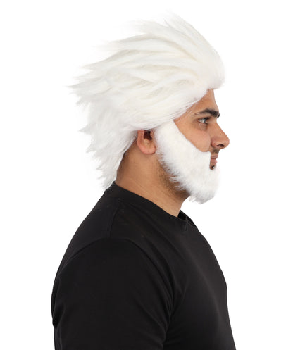 HPO Men’s 11-Inch White Spiky Wig with Beard Set |  Ideal for Cosplay, and Themed Events | Bold Style for Fun and Creative Looks