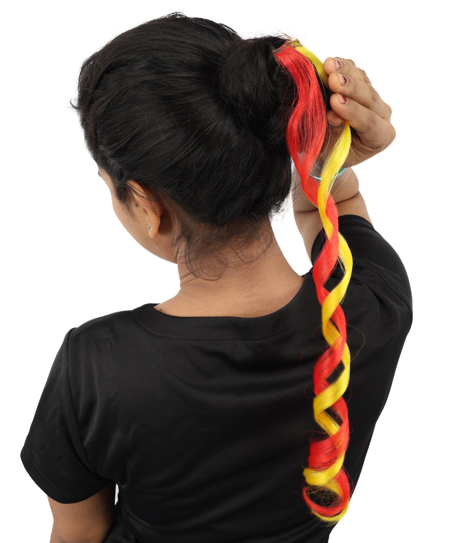 HPO Women's Spain Flag Hair Extension | Coiled red and yellow synthetic fibers featuring a twisted attachment design | Ideal for party, Halloween, cosplay, theater, drag, performance, costume events