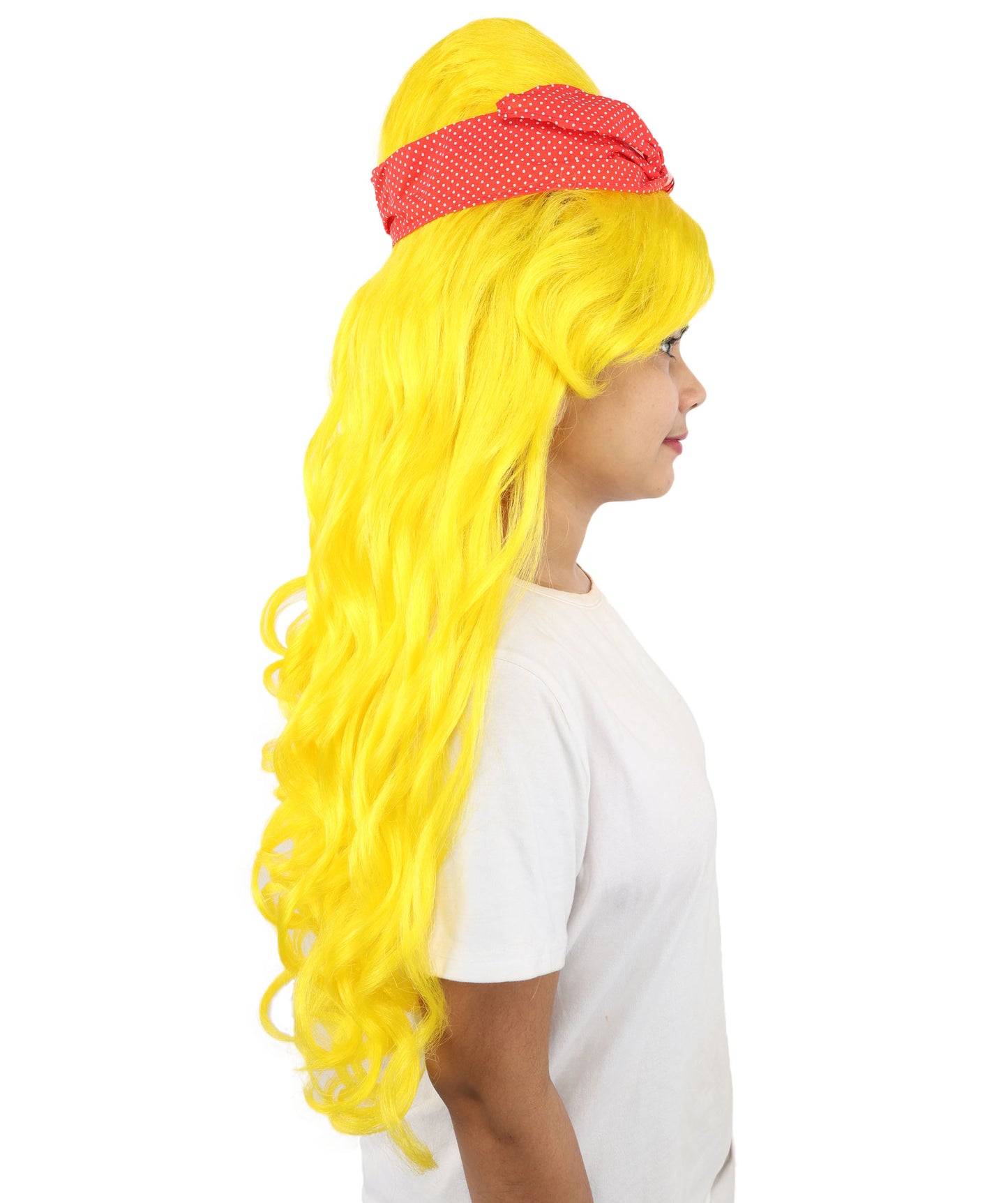 HPO Women’s Retro Beehive Wig with Red Bow | Multicolor Options | Extra Long Wavy Fancy Dress Accessory | Fancy Dress Accessory | Celebrity-Inspired Hair for Halloween, Cosplay & Music Tribute Parties