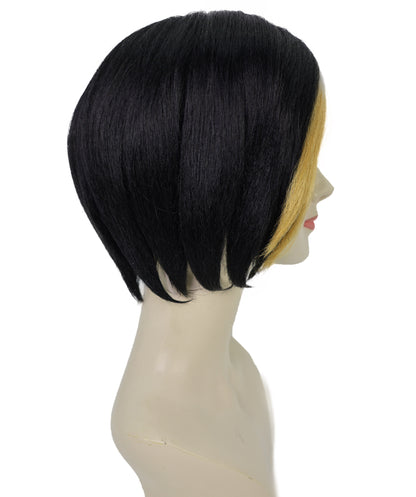 HPO Women's Shimmering Short Black Wig with Golden Highlights | Glam Supervillain-Inspired Hairpiece | For Cosplay, Halloween, Stage & Themed Events