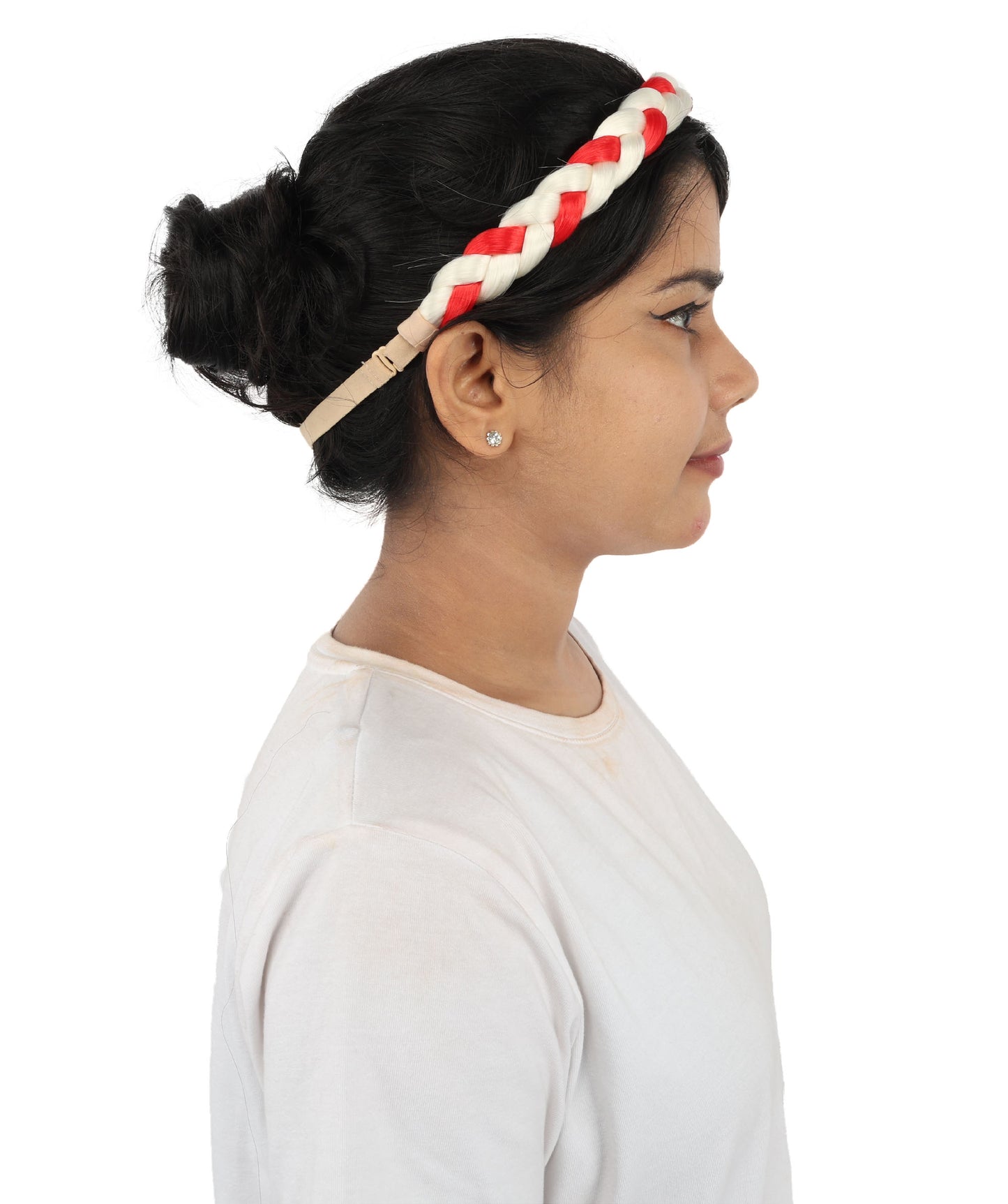 HPO Women's International Braided Headband | Textured red and white synthetic fibers woven into a twisted headband with an elastic back | Ideal for party, Halloween, cosplay, theater, drag, performance, costume events