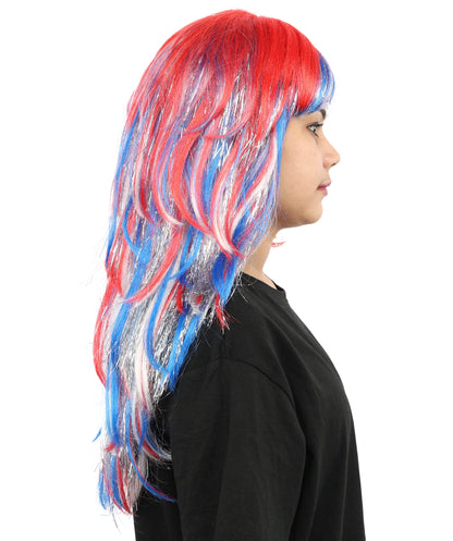 HPO Women's Patriotic Long Wig | Multi Color Hairpiece | Adjustable Inner Straps Cap for Parades, Holidays & Theme Events