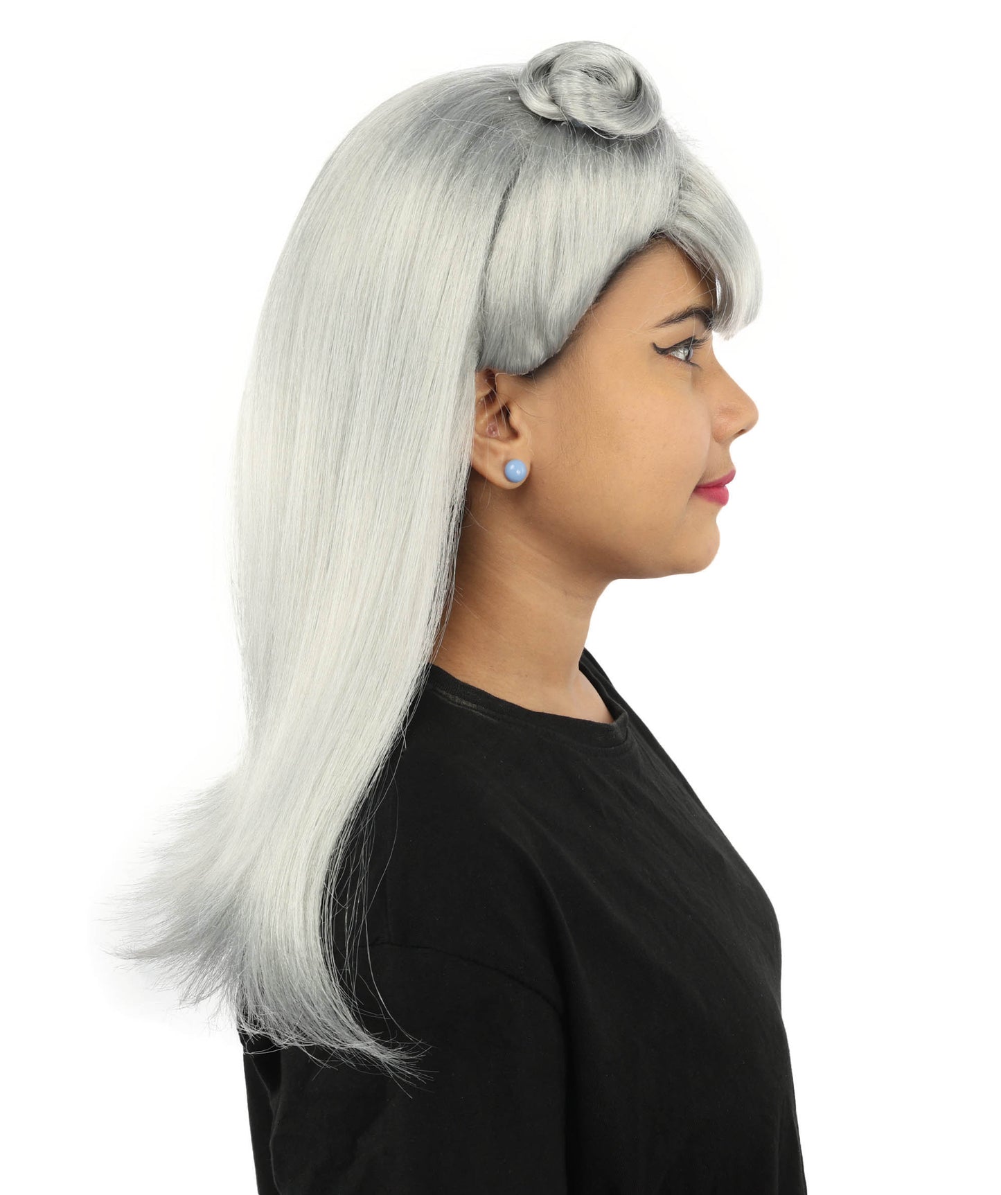 HPO Women's Brown & Pink Half Updo Bangs Wig | Create of synthetic fiber, blunt fringe with top bow, breathable base | Party, Halloween, theater, drag, performance, costume events