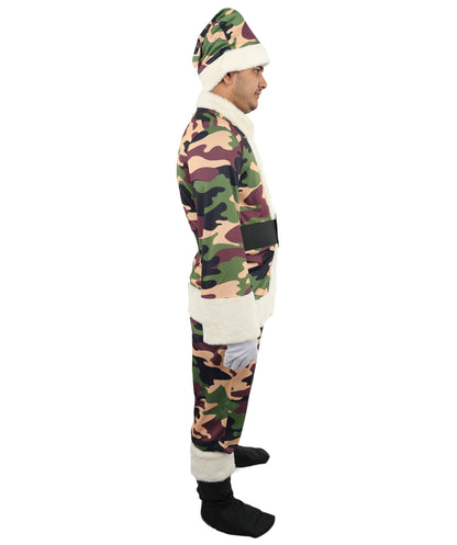 HPO Men's Camouflage Santa Costume | Plush Faux Fur Trimmed Jacket and Pants with Matching Hat | Ideal for Halloween, Theater, Drag, and Outdoor Holiday Events