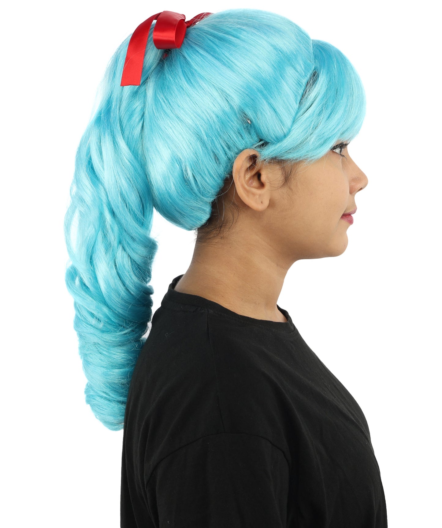 HPO Women's Spiral Ponytail Wig | Multicolor Options | High Updo with Red Ribbon Bow & Bangs, Heat Friendly Synthetic Fiber & Breathable Cap | Halloween, Christmas Event, Themed Party, Theater & Roleplay