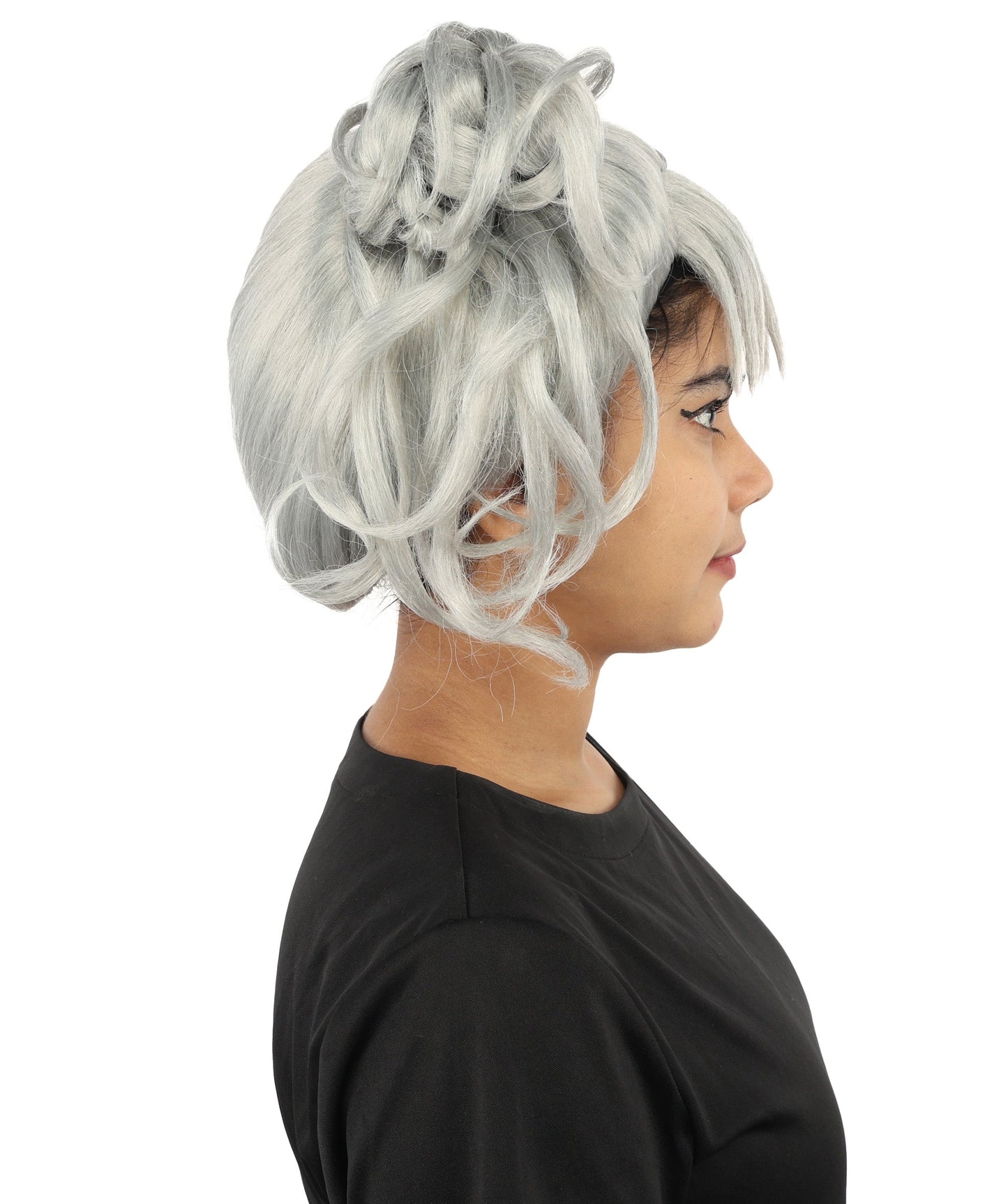 HPO Adult Women’s Messy Twin Bun Wig with Graphic Bangs | Multiple Color Options | Edgy Wig for Cosplay, Fashion Events, Halloween & Stage Wear | Adjustable Cap, Lightweight Synthetic Fiber