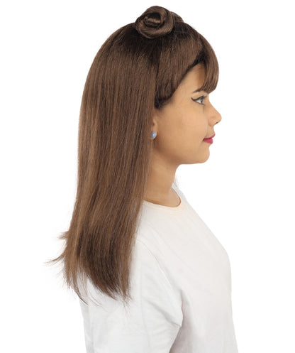 HPO Women's Brown & Pink Half Updo Bangs Wig | Create of synthetic fiber, blunt fringe with top bow, breathable base | Party, Halloween, theater, drag, performance, costume events
