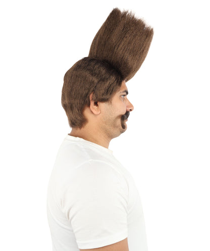 HPO Adult Men's Tall Flat Top Wig and Mustache | Vertical Dark Pompadour with Long Handlebar Facial Hair, Synthetic Fiber & Breathable Net | Halloween, Carnival, Stage Performance & Roleplay