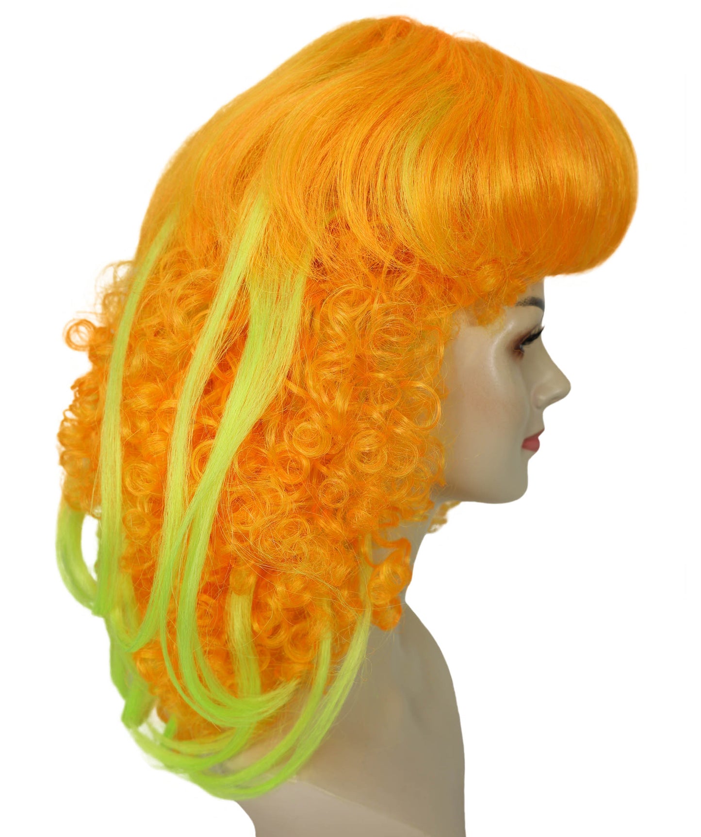 HPO Orange and Green Long Curly Wig for Women – Vibrant Gradient Party Wig with Bangs | Cosplay Fancy Dress Hairpiece for Halloween, Carnivals, Costume Events and Fun Nights