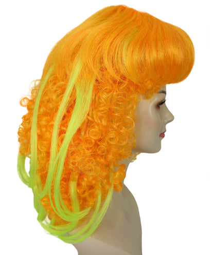 HPO Orange and Green Long Curly Wig for Women – Vibrant Gradient Party Wig with Bangs | Cosplay Fancy Dress Hairpiece for Halloween, Carnivals, Costume Events and Fun Nights