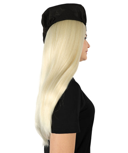 HPO Women's Chic Pop Icon Blonde Wig with Black Hat Sleek Style Elegant Layers and Bold Modern Flair Premium Breathable Capless Cap