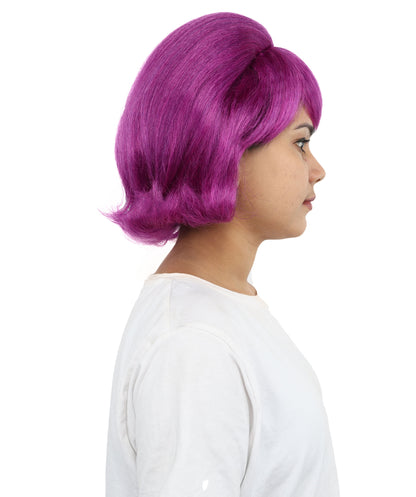 HPO Women’s 60s Flip Purple Wig with Bangs | Short Retro Hairstyle with Outward Curls | Vintage Costume Hairpiece for Halloween, Cosplay, Parties & Stage
