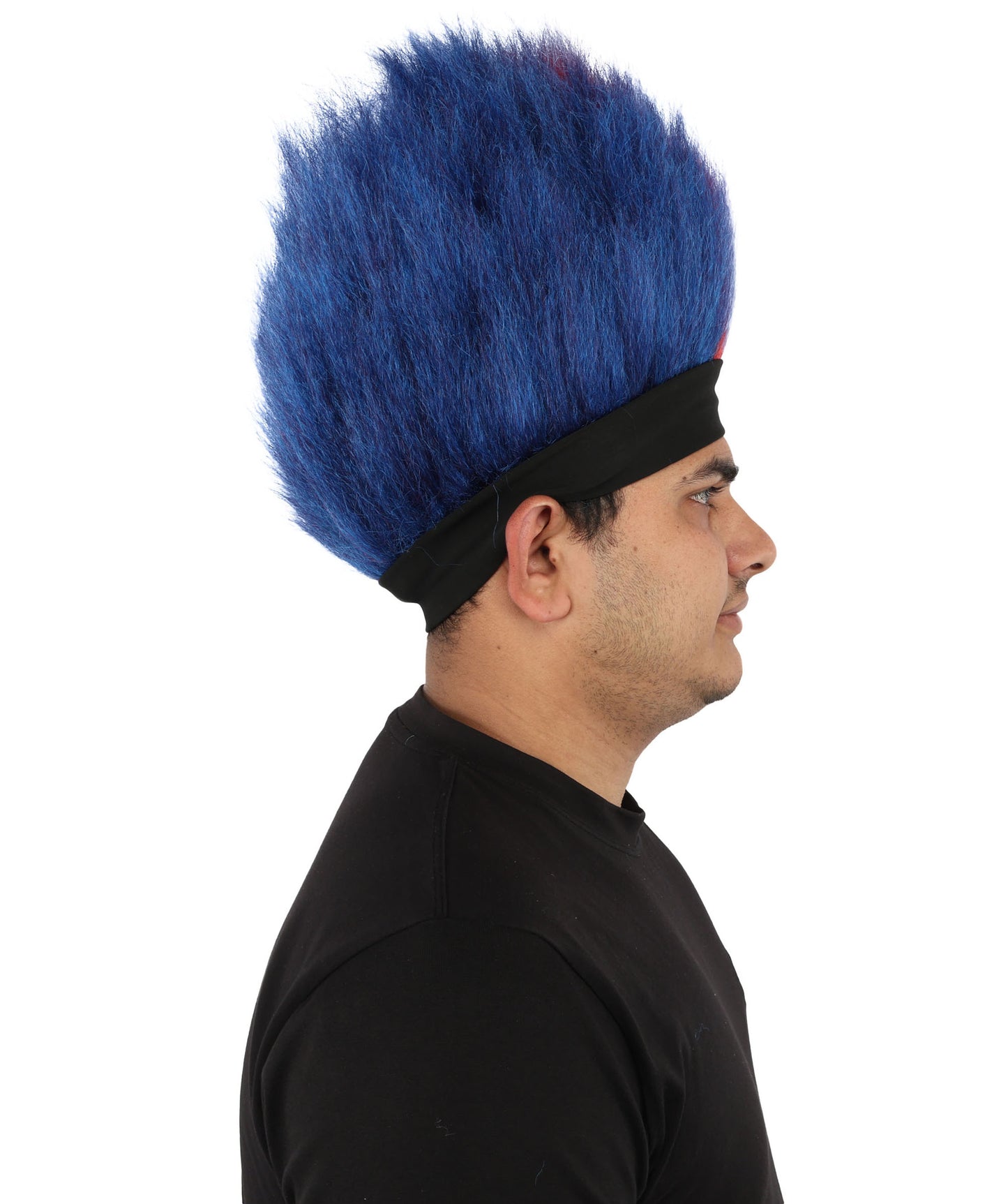 HPO Men's Red and Blue Mohawk Wig | Tall Spiky Texture Flame-retardant Synthetic Fiber Headband Design | Halloween Themed Party Championship Parade Accessory