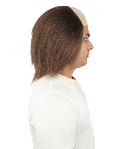 HPO Half Bald Cap Brown Wig with Gray Frizzy Side Hair – Comedic Old Age Costume Wigs - Hairpiece for Cosplay Party