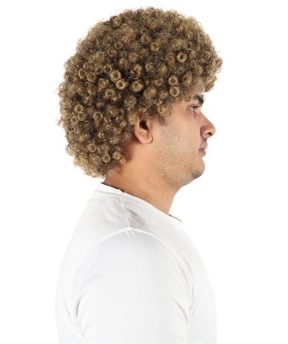 HPO Men’s Curly Athlete Brown Wig | Voluminous Synthetic Hairpiece with Thick Curls | Adjustable Fit for Stage, Parties & Roleplay