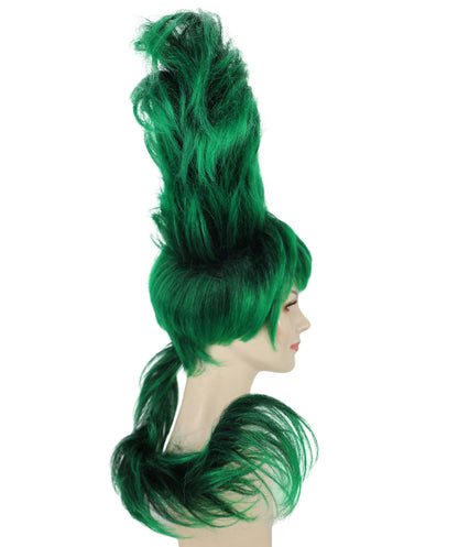 HPO Women’s Artistic Hair Sculpture Black& Green Mixed Wig | Creative Shaped Hairstyle | Synthetic Fiber Hairpiece with Adjustable Cap for Cosplay, Parties & Stage