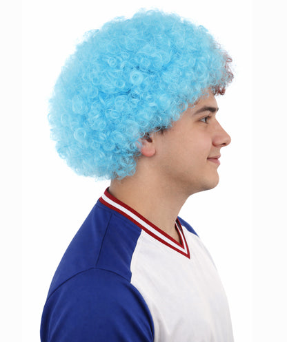HPO Split Tone Curly Wig | Wine and Sky Blue Kinky Texture Flame-retardant Synthetic Fiber | Halloween Themed Party Sports Rally Fan Prop