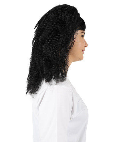 HPO Adult Women's 80s Shoulder Length Straight Black Crimp Wig| Halloween and Cosplay Wig | Flame-retardant Synthetic Fiber