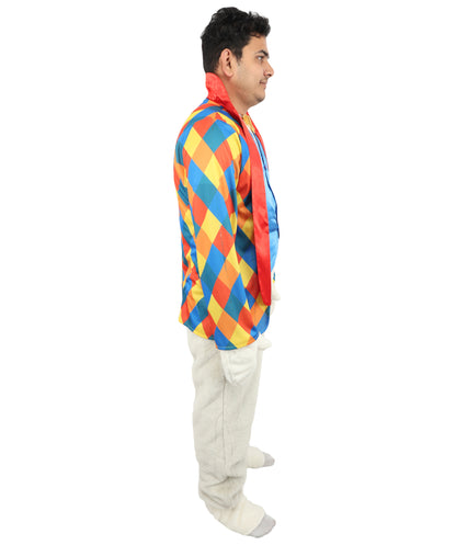HPO Men's Festive Rabbit Mascot Ensemble | Multi-Color Diamond Pattern with Satin Vest and Faux Fur Accents | Ideal for Cosplay, Halloween, Drag, and Holiday Performance Events