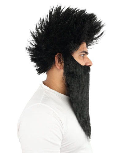 HPO Giant Wildman Wig Beard & Mustache Set | Black Frizzy Voluminous Hair Medium Facial Hair | Party Halloween Cosplay Theater Drag Performance Costume Events
