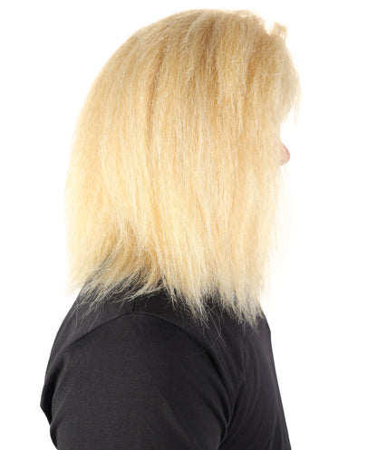 HPO Men’s Straight Blonde Rocker Wig | 80s Style Shoulder Length Hair with Bangs | Breathable Capless Cap for Cosplay, Costumes & Theme Parties