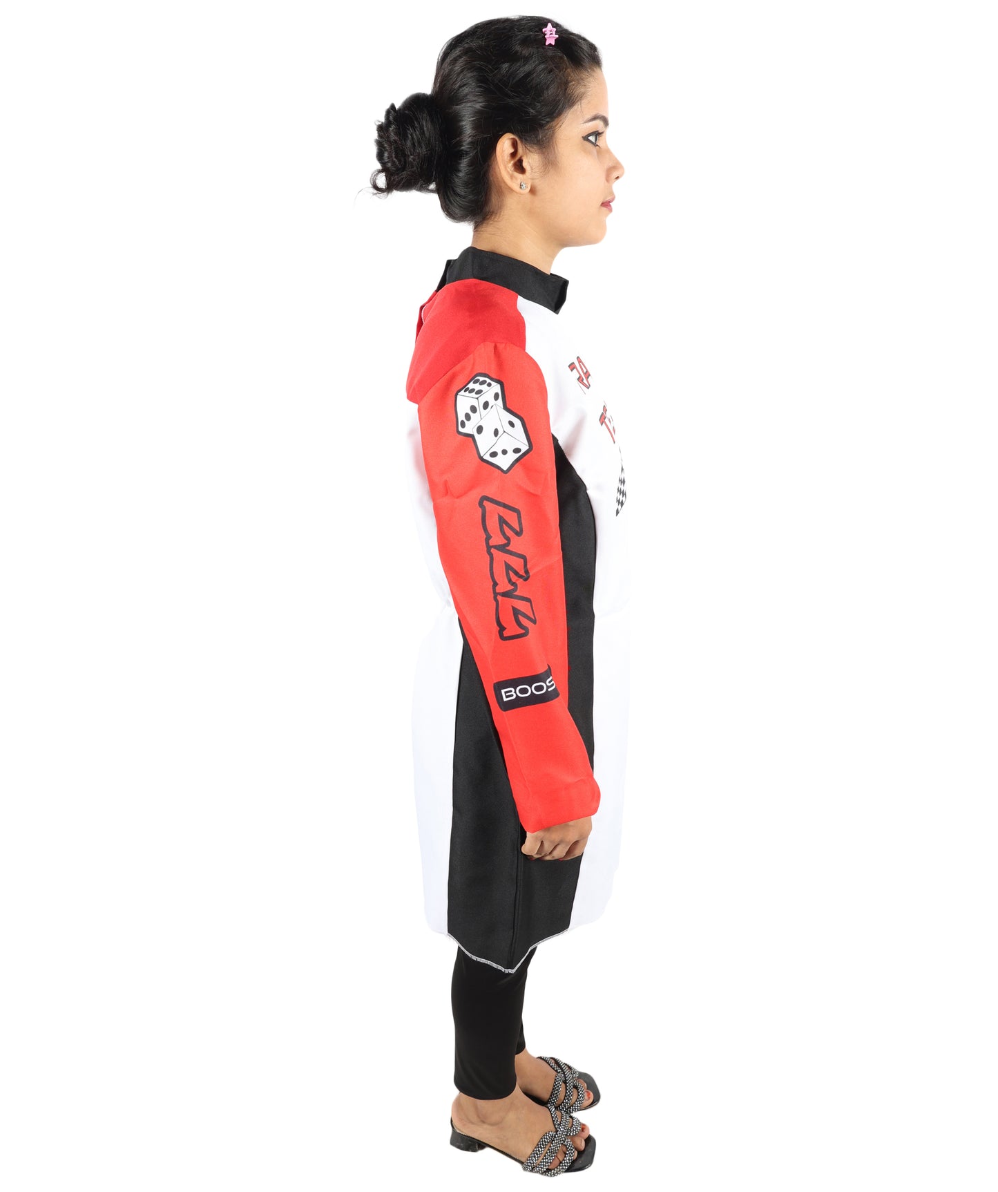 HPO Women’s Racing-Themed Costume | Black, White & Red Jumpsuit with Gloves | RONIOR Fabric 3-in-1 Outfit for Performance & Cosplay