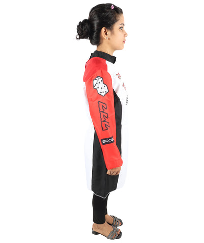 HPO Women’s Racing-Themed Costume | Black, White & Red Jumpsuit with Gloves | RONIOR Fabric 3-in-1 Outfit for Performance & Cosplay