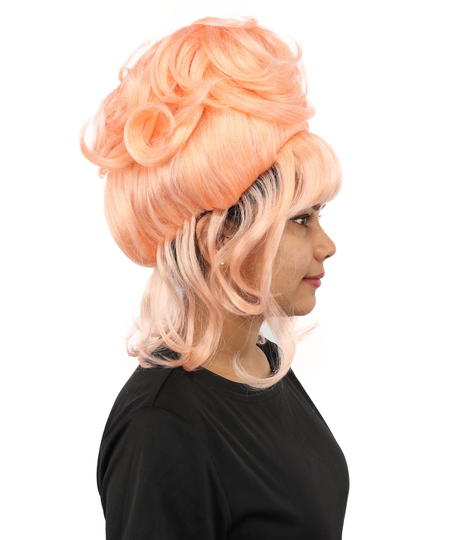HPO Women's Elegant Updo Tendril Pink Wig | Pastel peach hue, create of synthetic fiber, high teased volume with face-framing strands, breathable capless cap | Party, Halloween, theater, drag, performance, costume events