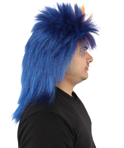 HPO Men's Navy Blue and Orange Sports Wig | Split Color Spiky Shag Style Flame-retardant Synthetic Fiber | Halloween Themed Party American Football Fan Gear