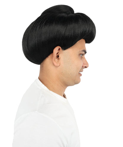 HPO Chinese Ancient Short Wig for Men | Black Traditional Hairpiece with Top Bun | Historical Warrior Cosplay & Costume Accessory