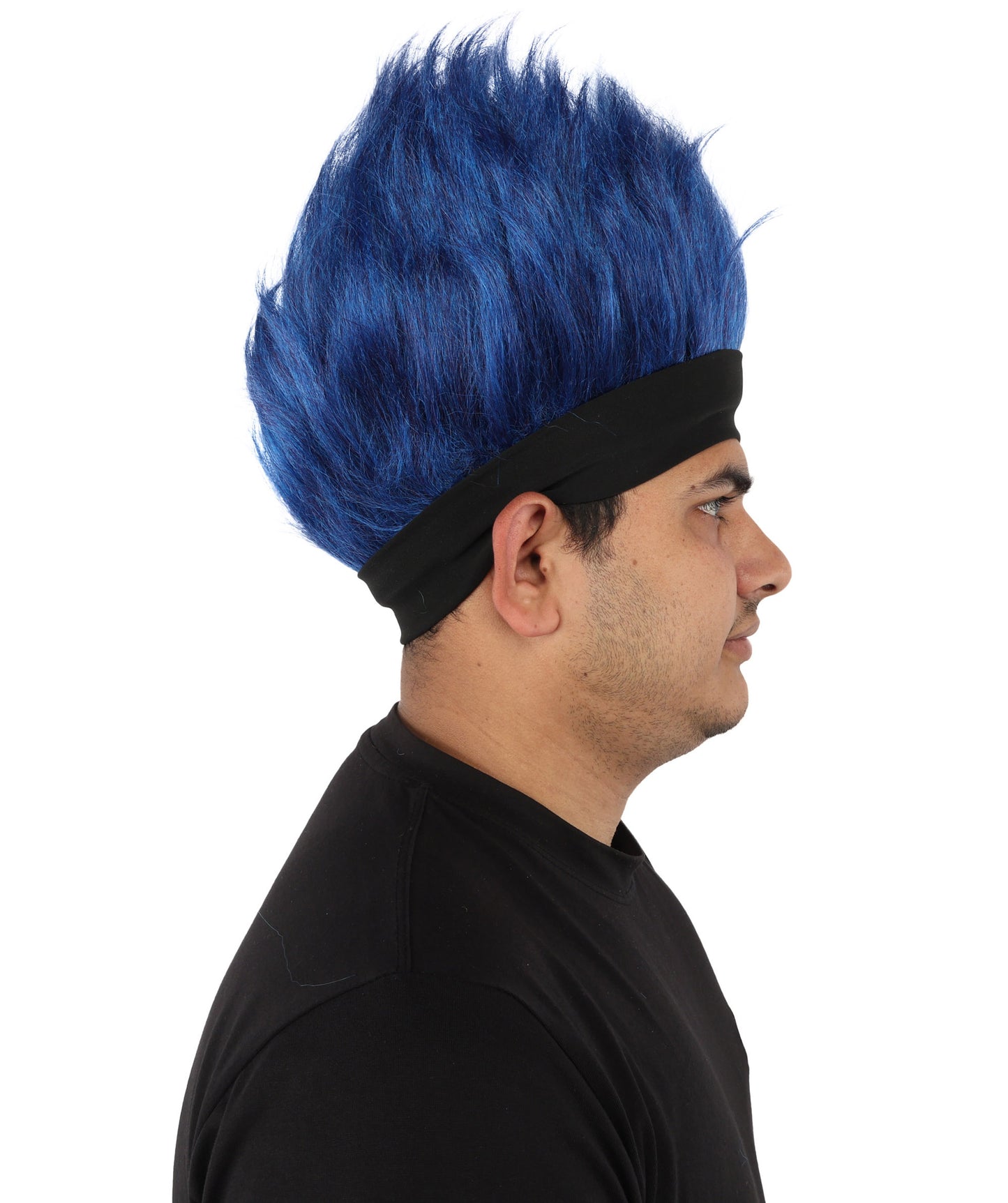 HPO Men's Navy Blue and White Mohawk Wig | Spiky Upright Flame-retardant Synthetic Fiber Headband Design | Halloween Themed Party Football Fan Gear