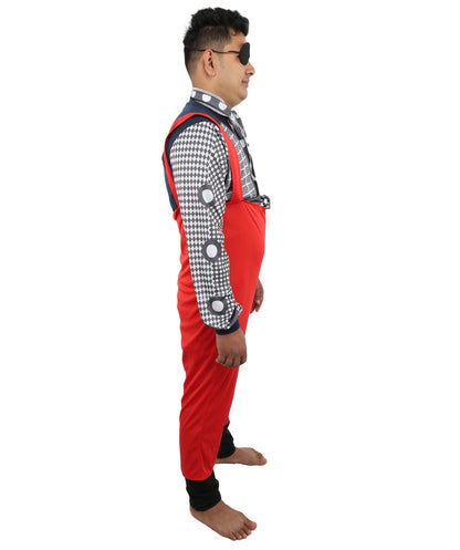 HPO Men's Retro Glam Rock Multicolor Costume | Red Overalls and Starry Shirt with Scarf and Eyepatch | Ideal for Halloween, Theater, Drag, and 70s Music Events