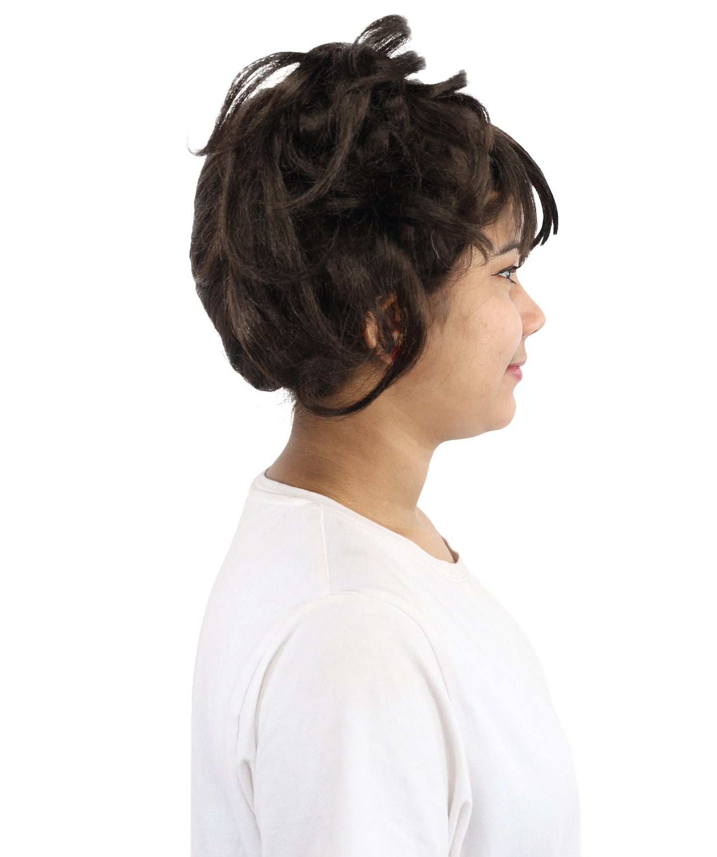 HPO Women’s Messy Twin Bun Wig with Graphic Bangs | Edgy Chocolate Brown Wig for Cosplay, Fashion Events, Halloween & Stage Wear | Adjustable Cap, Lightweight Synthetic Fiber