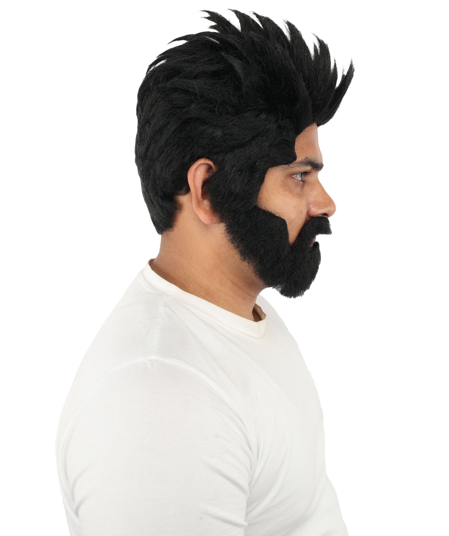 HPO Men’s Animated Genius Spiky Wig Beard & Mustache Set  – Wild Mad Scientist Pointed Beard & Curled Mustache Combo | Ideal for Animated Cosplay, Halloween Parties & Events